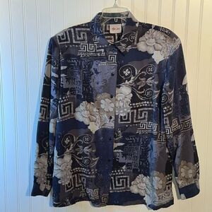 TanJay Button Up Collar Top Women’s 16W Navy Gray Oriental Floral Long Sleeve